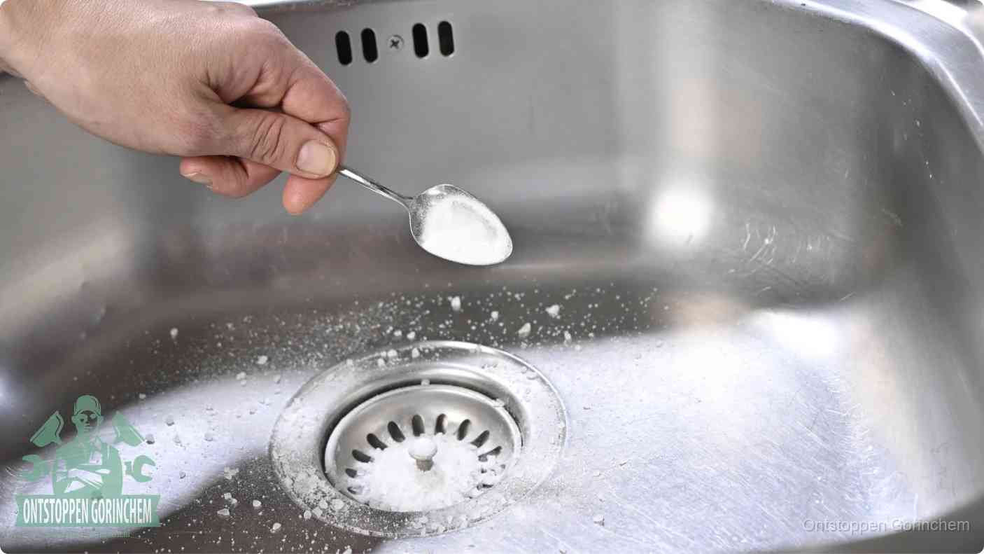 Een hand strooit met een lepel soda in de afvoer van een roestvrijstalen spoelbak, de soda en azijn huismiddel-methode om de afvoer te ontstoppen in Gorinchem