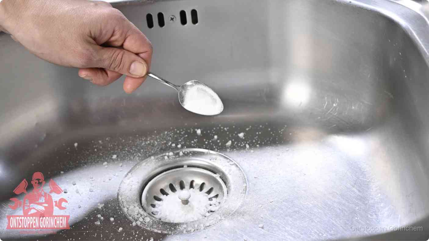 Een hand strooit met een lepel soda in het afvoerputje van een rvs spoelbak, de soda en azijn huismiddel-methode in Gorinchem